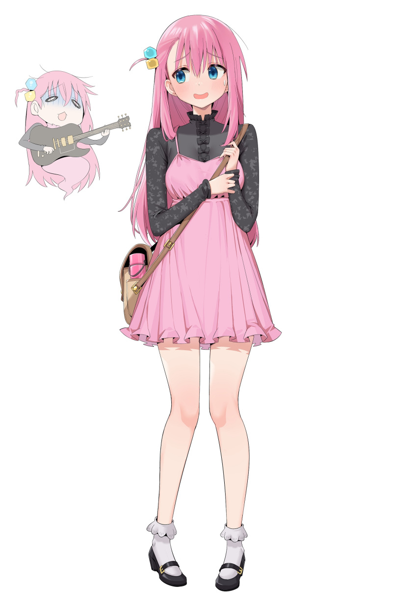 1girl, absurdres, bare_legs, black_shirt, blue_eyes, bocchi_the_rock!, chen_yang_yang, chibi