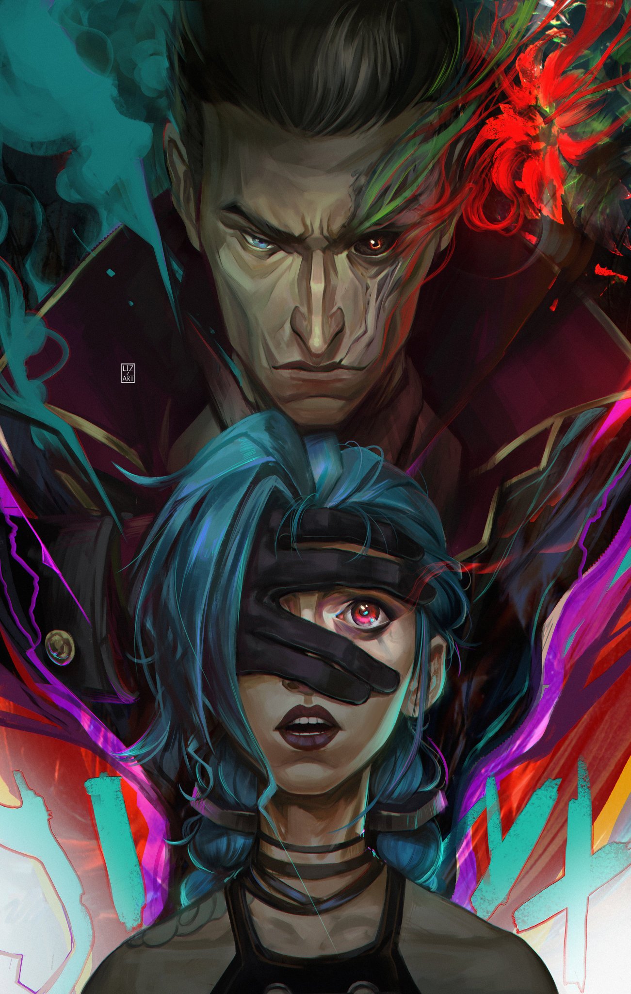 1boy, 1girl, arcane:_league_of_legends, arcane_jinx, artist_name, bare_shoulders, black_gloves, black_hair
