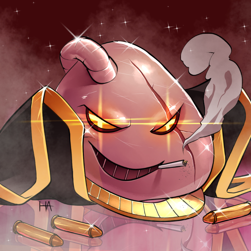 +_+, bullet, cigarette, colored_sclera, commentary, english_commentary, full_body, glint