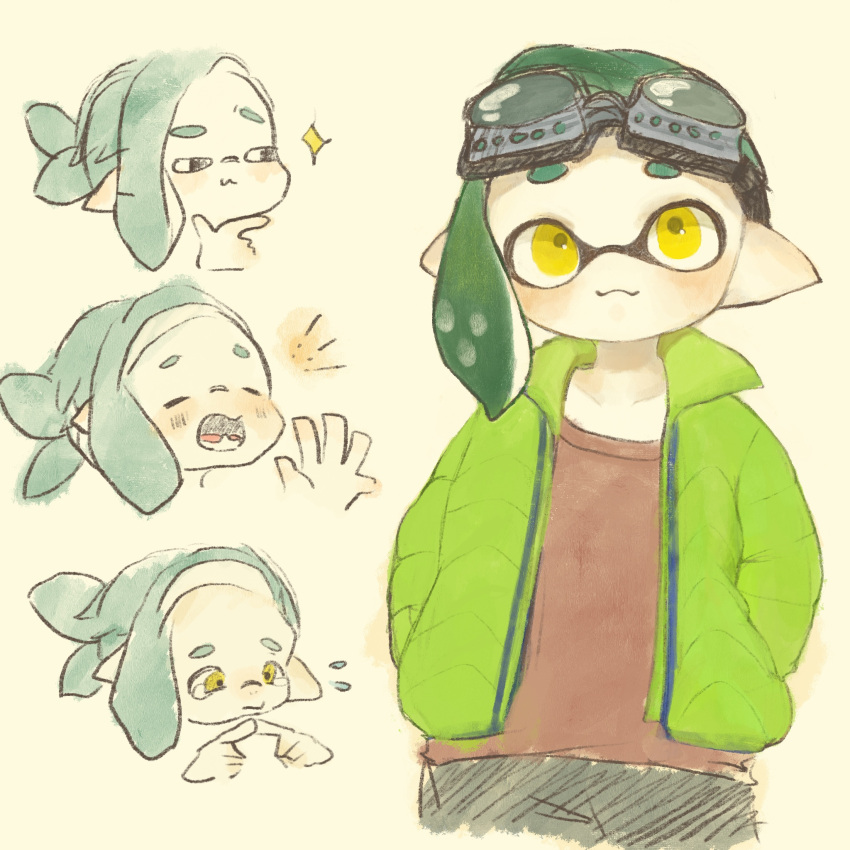 1boy, blush, closed_mouth, collarbone, goggles, goggles_on_head, green_hair, green_jacket, hands_in_pockets, highres, index_fingers_together, inkling, inkling_boy, jacket, ksy_yo, male_focus, no_nose, open_mouth, pointy_ears, red_shirt, sharp_teeth, shirt, short_hair, simple_background, smile, sparkle, splatoon_(series), splatoon_2, tears, teeth, tentacle_hair, thinking, white_background, yellow_eyes