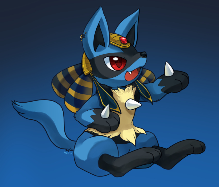 blue_background, earrings, egyptian_clothes, fang, furry, gold_earrings, gradient_background, huiro, jewelry, lucario, lucario_(ruins), no_humans, open_mouth, pokemon, pokemon_(creature), red_eyes, signature, sitting, solo, usekh_collar
