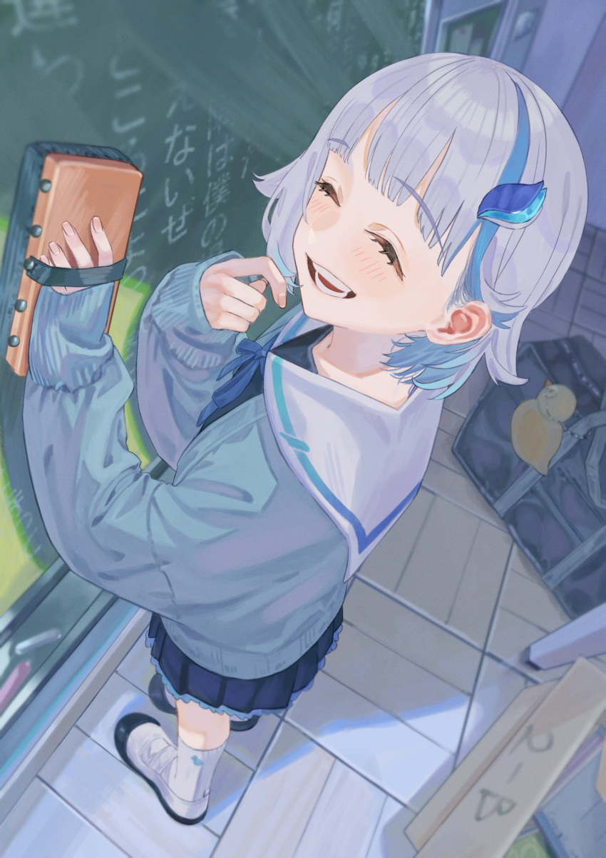 1girl, absurdres, bag, black_shirt, black_skirt, blue_cardigan, blue_hair, blue_ribbon