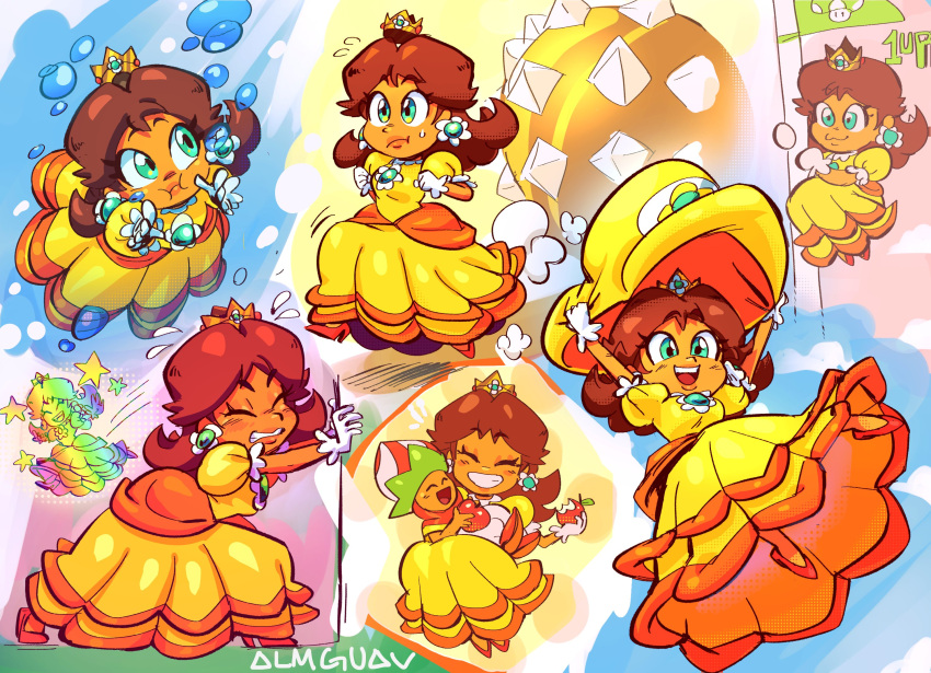 1girl, air_bubble, almguav, artist_name, brown_hair, bubble, crown, dark-skinned_female, dark_skin, dress, earrings, gloves, green_eyes, hat, high_heels, highres, jewelry, multiple_views, open_mouth, orange_dress, orange_footwear, princess_daisy, super_mario_bros., super_mario_bros._wonder, teeth, watermark, white_gloves
