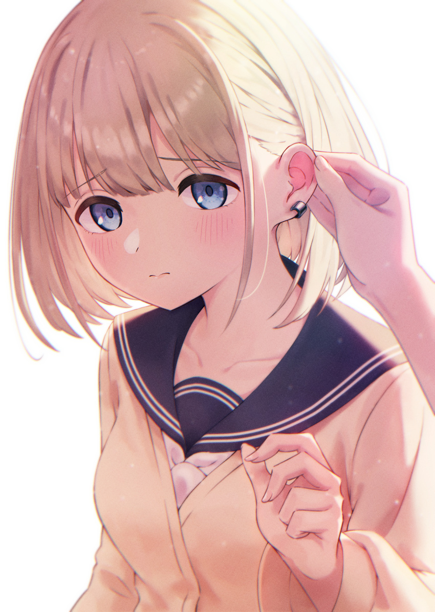 1girl, 1other, absurdres, blue_eyes, blush, breasts, cardigan, collarbone, grey_hair, hand_on_another's_ear, highres, idolmaster, idolmaster_shiny_colors, looking_at_viewer, medium_breasts, natako_k, pov, pov_hands, school_uniform, serizawa_asahi, simple_background, upper_body, white_background, yellow_cardigan