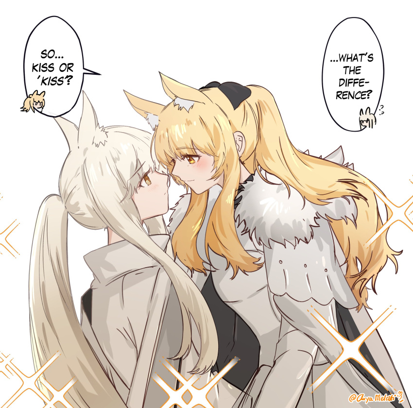 2girls, animal_ear_fluff, animal_ears, arknights, armor, arya_melati, blemishine_(arknights), blonde_hair, blush, closed_mouth, commentary, english_text, extra_ears, eye_contact, fur_trim, high_collar, highres, horse_ears, horse_girl, long_hair, looking_at_another, multiple_girls, platinum_(arknights), ponytail, sidelocks, simple_background, sparkle, speech_bubble, twitter_username, white_background, white_hair, yellow_eyes, yuri