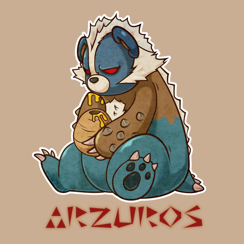 absurdres, animal_focus, arzuros, bear, beehive, character_name, claws, highres