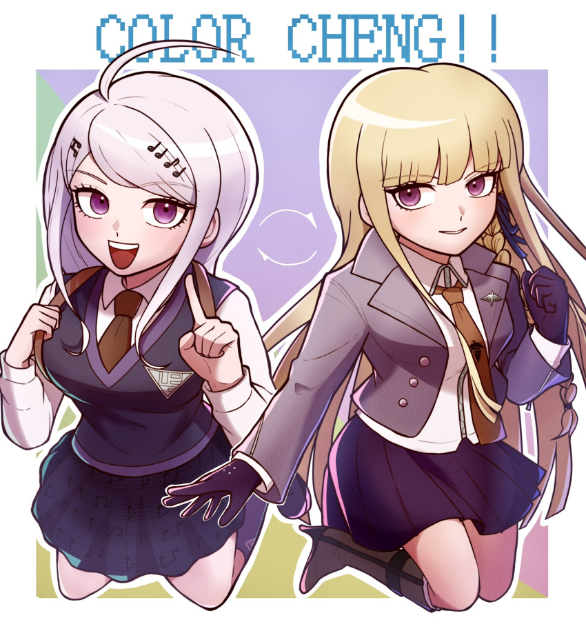 2girls, :d, ahoge, akamatsu_kaede, alternate_hair_color, blonde_hair, boots, braid
