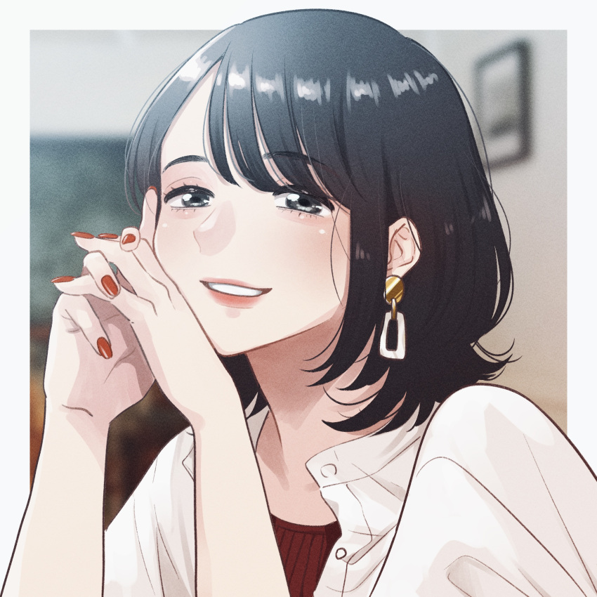 1girl, black_hair, blurry, blurry_background, blush, fingernails, grin, hand_on_own_hip, highres, inuzuka_miwa, looking_at_viewer, mogggggge, nail_polish, parted_lips, portrait, shirt, smile, solo, tsukiatte_agetemo_ii_kana, white_shirt