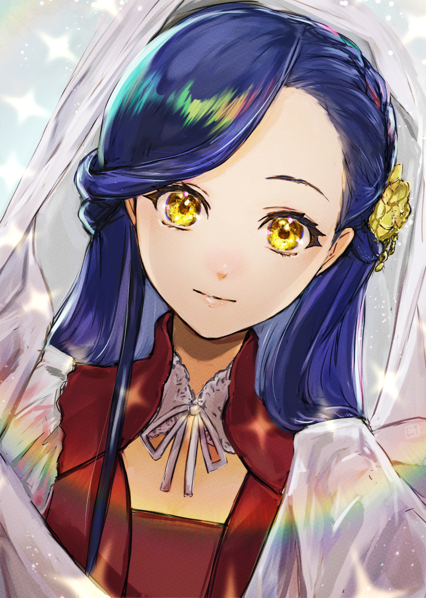 1girl, absurdres, blue_hair, braid, hair_ornament, highres, honzuki_no_gekokujou, lens_flare, long_hair, looking_at_viewer, maine_(honzuki_no_gekokujou), okamoto_setsura, solo, upper_body, yellow_eyes