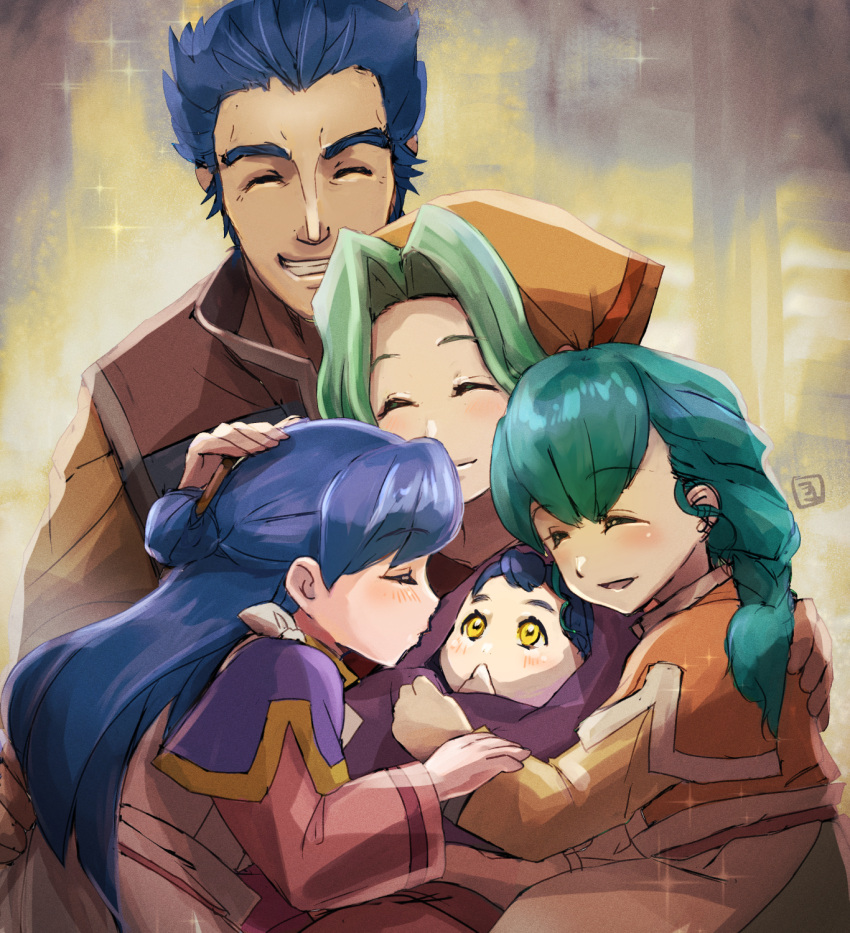 2boys, 3girls, baby, blue_hair, blush, brown_shirt, effa_(honzuki_no_gekokujou), family