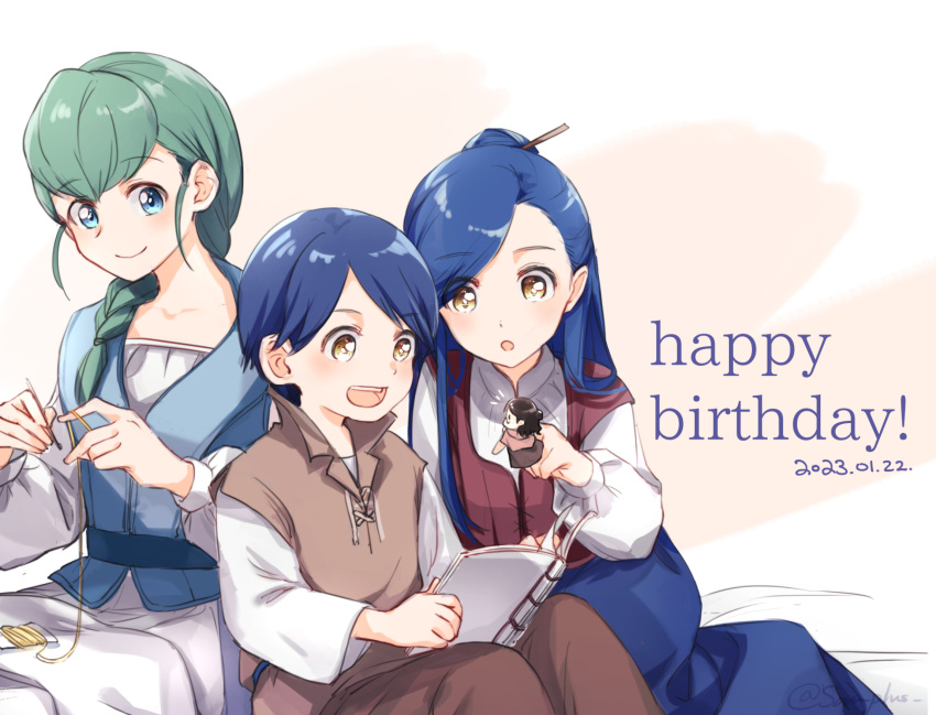 1boy, 2girls, :o, artist_name, blue_hair, blue_skirt, braid, child, dated, finger_puppet, green_hair, hair_ornament, hair_stick, happy_birthday, highres, honzuki_no_gekokujou, kamil_(honzuki_no_gekokujou), long_hair, long_sleeves, maine_(honzuki_no_gekokujou), multiple_girls, puppet, san+, sewing, siblings, simple_background, sitting, skirt, smile, tuuli_(honzuki_no_gekokujou), white_skirt