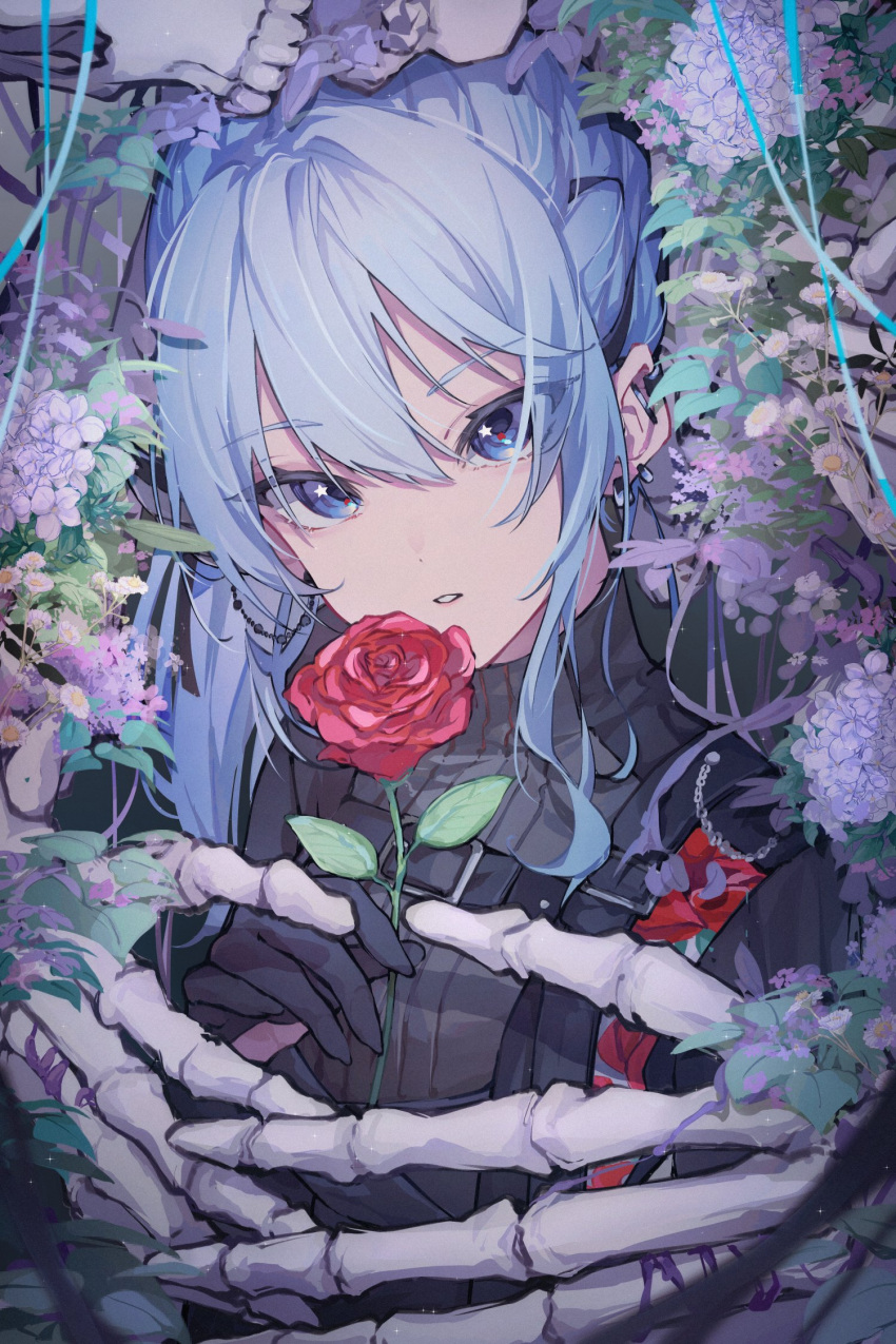 1girl, black_shirt, blue_eyes, blue_hair, chest_strap, commentary_request, ear_piercing, flower