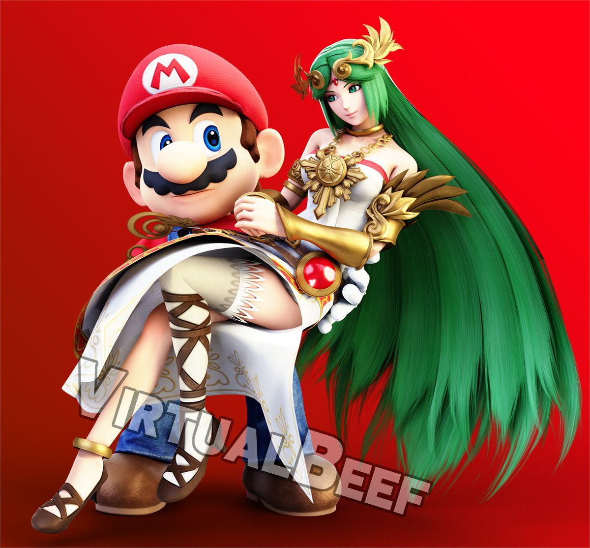 1boy, 1girl, blue_eyes, couple, female, green_eyes, green_hair, kid_icarus