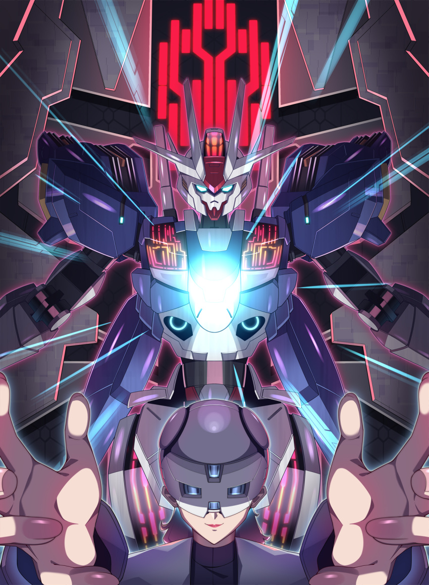 1girl, black_shirt, brown_hair, grey_jacket, gundam, gundam_aerial, gundam_aerial_rebuild, gundam_suisei_no_majo, helmet, highres, jacket, looking_at_viewer, mask, mate_(oktavia1121), mature_female, mecha, pink_lips, prospera_mercury, quiet_zero, reaching, reaching_towards_viewer, robot, shirt, smile