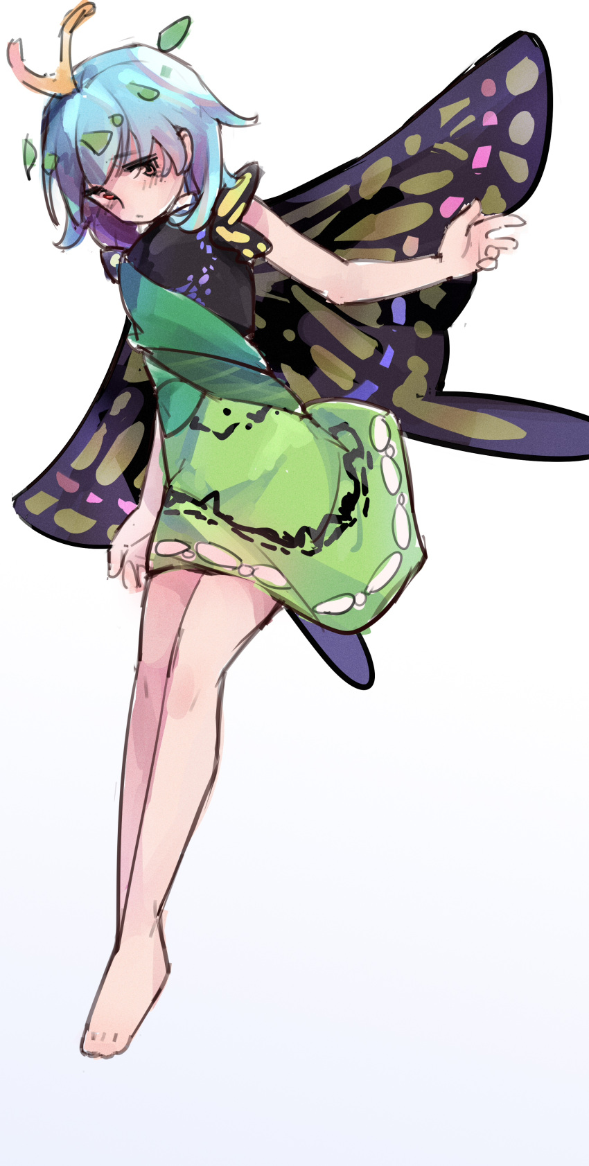 1girl, absurdres, antennae, aqua_hair, barefoot, blush, brown_eyes, butterfly_wings
