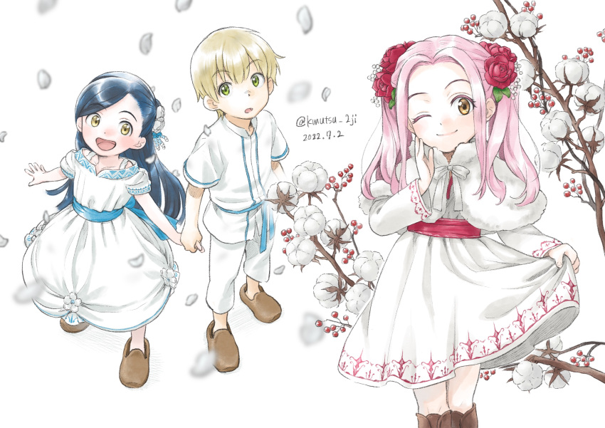 1boy, 2girls, ;), absurdres, artist_name, blonde_hair, blue_hair, brown_footwear