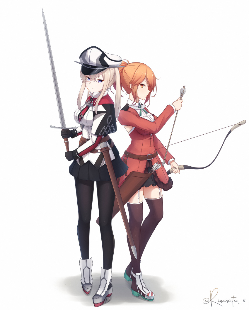 2girls, absurdres, aquila_(kancolle), armpit_cutout, arrow_(projectile), aticsanir, belt, black_gloves, black_pantyhose, black_skirt, black_thighhighs, blonde_hair, bow_(weapon), brown_belt, capelet, celtic_knot, clothing_cutout, cross, garter_straps, gloves, graf_zeppelin_(kancolle), graf_zeppelin_kai_(kancolle), green_ribbon, hair_between_eyes, hair_ornament, hairclip, hat, high_ponytail, highres, holding, holding_arrow, holding_bow_(weapon), holding_sword, holding_weapon, iron_cross, jacket, kantai_collection, long_hair, long_sleeves, military_uniform, miniskirt, multiple_girls, necktie, orange_eyes, orange_hair, pantyhose, peaked_cap, photoshop_(medium), pleated_skirt, ponytail, quiver, red_jacket, red_necktie, ribbon, scabbard, sheath, sidelocks, skirt, standing, sword, thigh-highs, twintails, two-handed_sword, uniform, unsheathed, wavy_hair, weapon, white_garter_straps