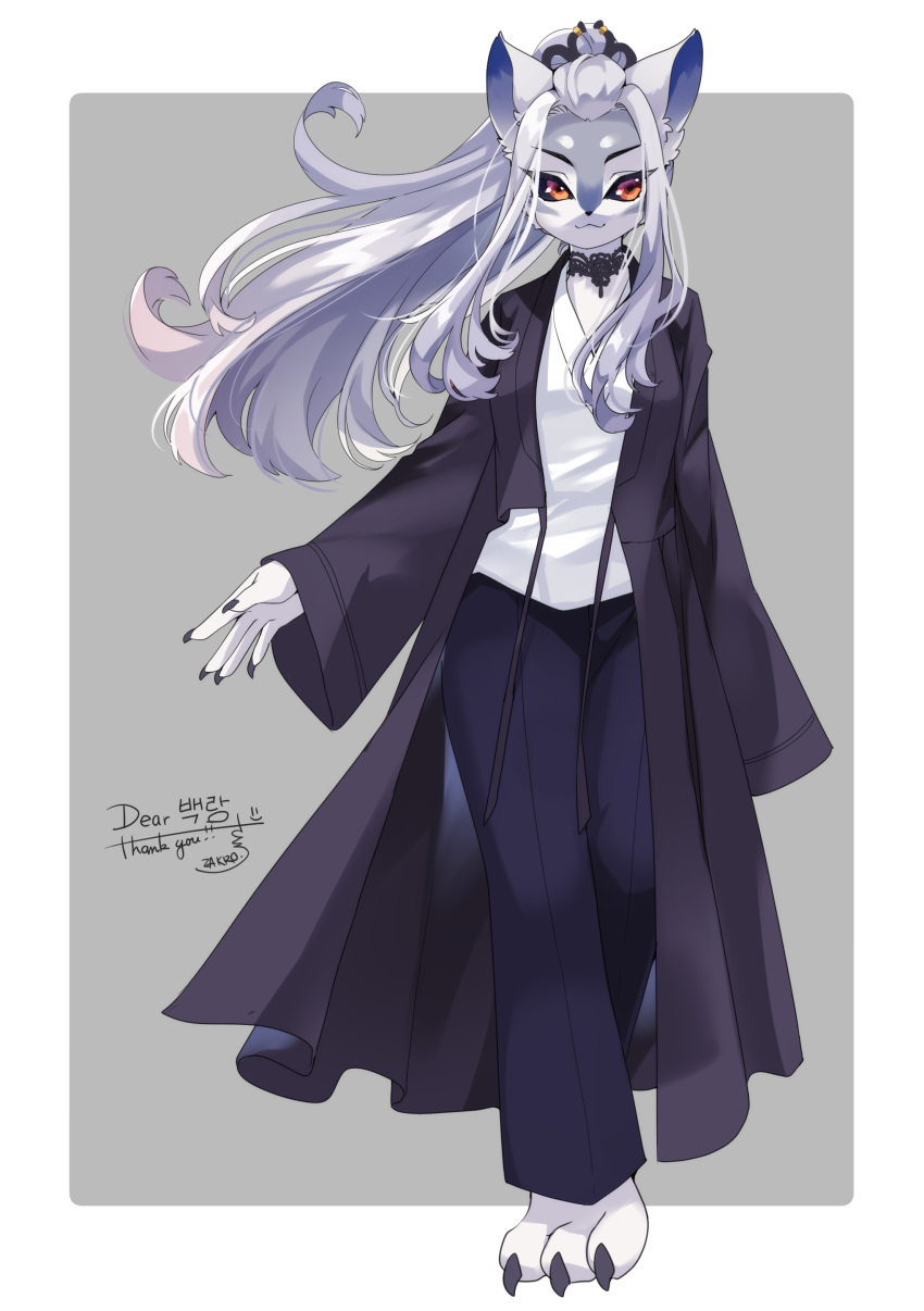 1girl, :3, absurdres, animal_ears, bangs_pinned_back, black_jacket, black_pants, body_fur