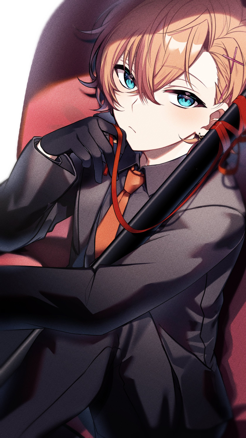 1boy, :/, absurdres, black_gloves, black_jacket, black_pants, black_shirt, black_suit