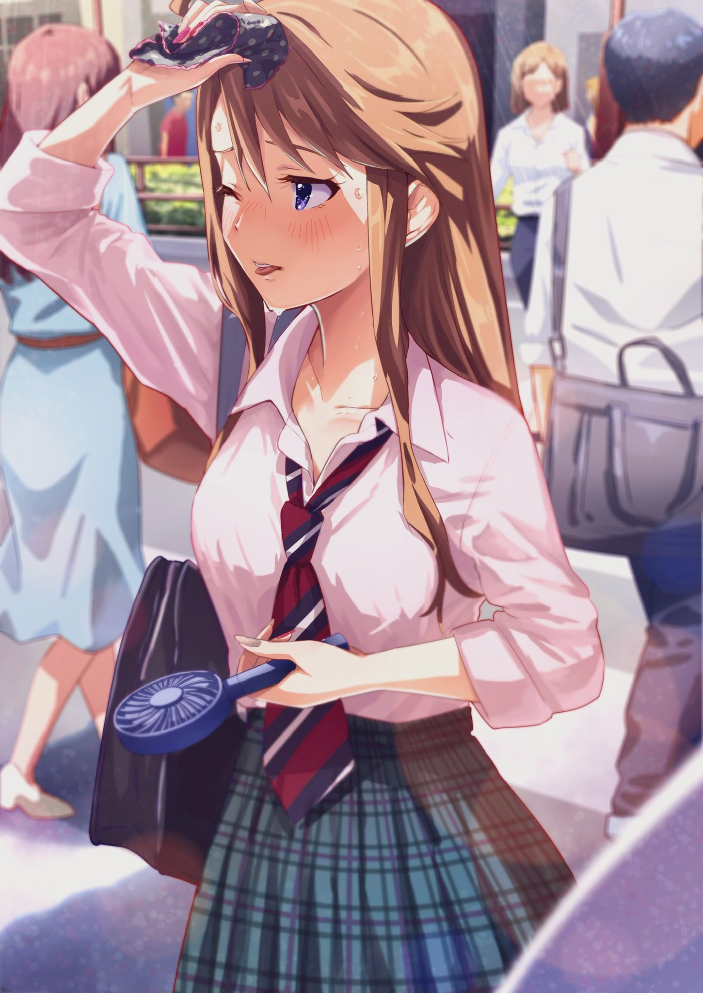 ;p, bag, blue_eyes, brown_hair, collarbone, collared_shirt, electric_fan, green_skirt