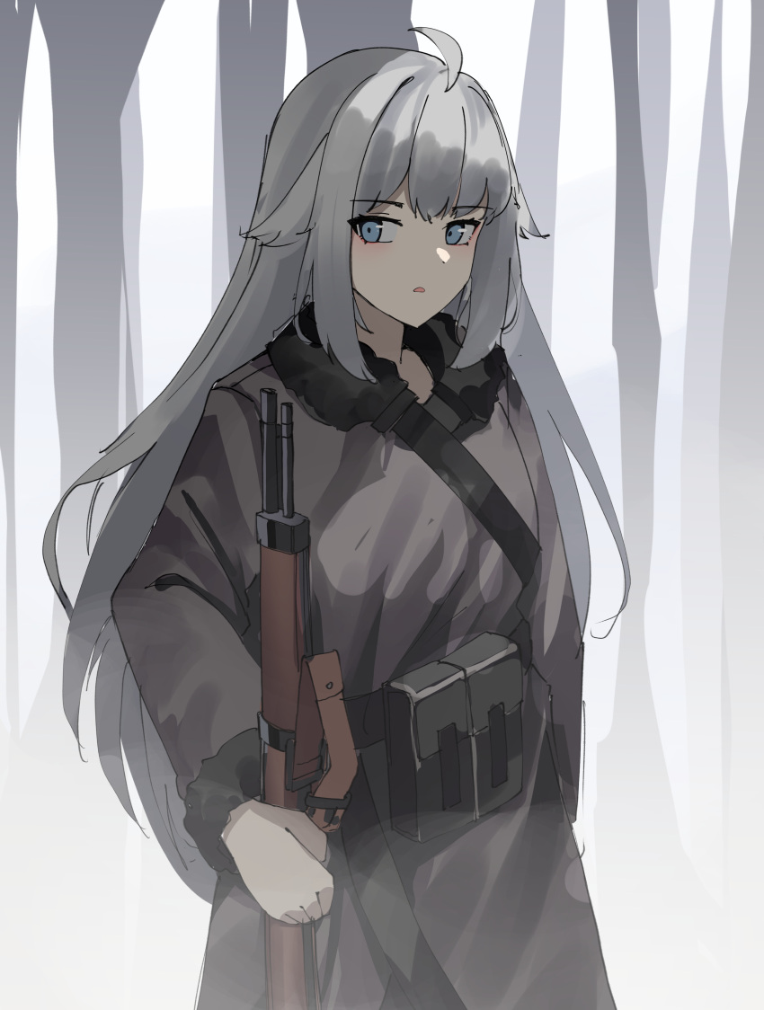 1girl, absurdres, ahoge, blue_eyes, bolt_action, codename:_bakery_girl, dress, fur-trimmed_dress