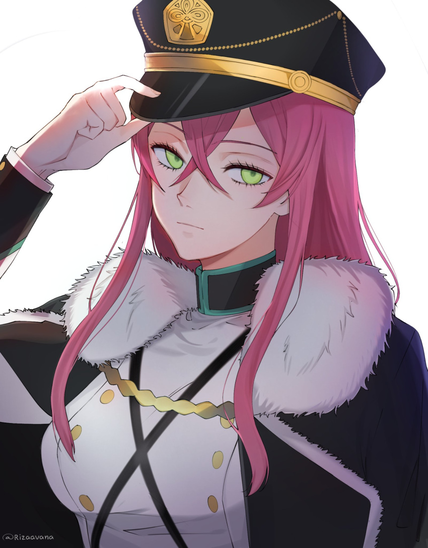 1girl, black_clover, closed_mouth, coat, collared_shirt, fur-trimmed_coat, fur_trim, green_eyes