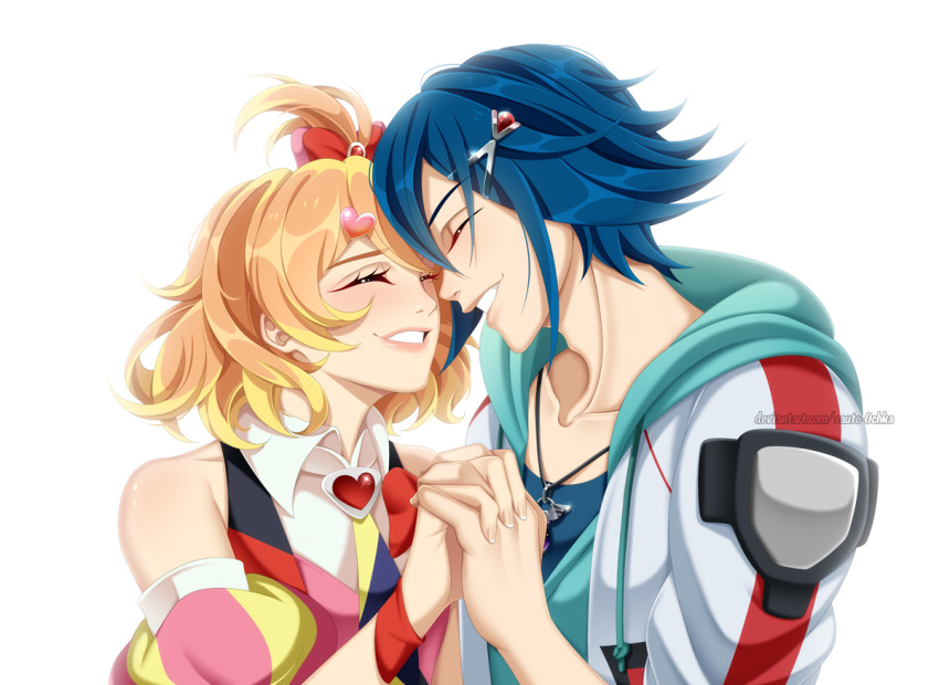 1boy, 1girl, ^_^, blonde_hair, blue_hoodie, blue_shirt, bow, closed_eyes, collarbone, colored_tips, couple, detached_sleeves, dress, freyja_wion, hair_bow, hair_ornament, hairclip, hayate_immelmann, heart, heart_hair_ornament, hetero, holding_hands, hood, hoodie, jacket, jewelry, macross, macross_delta, multicolored_hair, necklace, orange_hair, parted_lips, pink_dress, puffy_short_sleeves, puffy_sleeves, red_bow, red_vest, sauto-0chka, shirt, short_hair, short_sleeves, simple_background, smile, vest, watermark, web_address, white_background, white_jacket