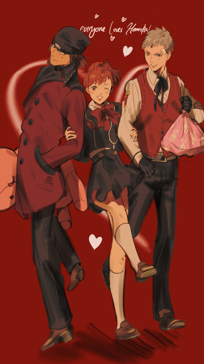 1girl, 2boys, absurdres, animal_print, aragaki_shinjirou, bag, bandaid, bandaid_on_face