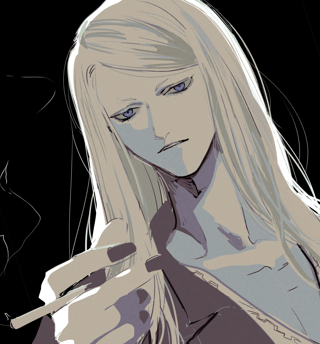 1boy, black_background, black_jacket, black_nails, blonde_hair, blue_eyes, cigarette, collarbone
