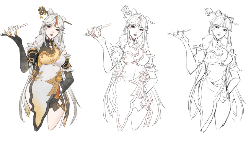 1girl, absurdres, artist_name, black_gloves, black_shorts, breasts, china_dress, chinese_clothes