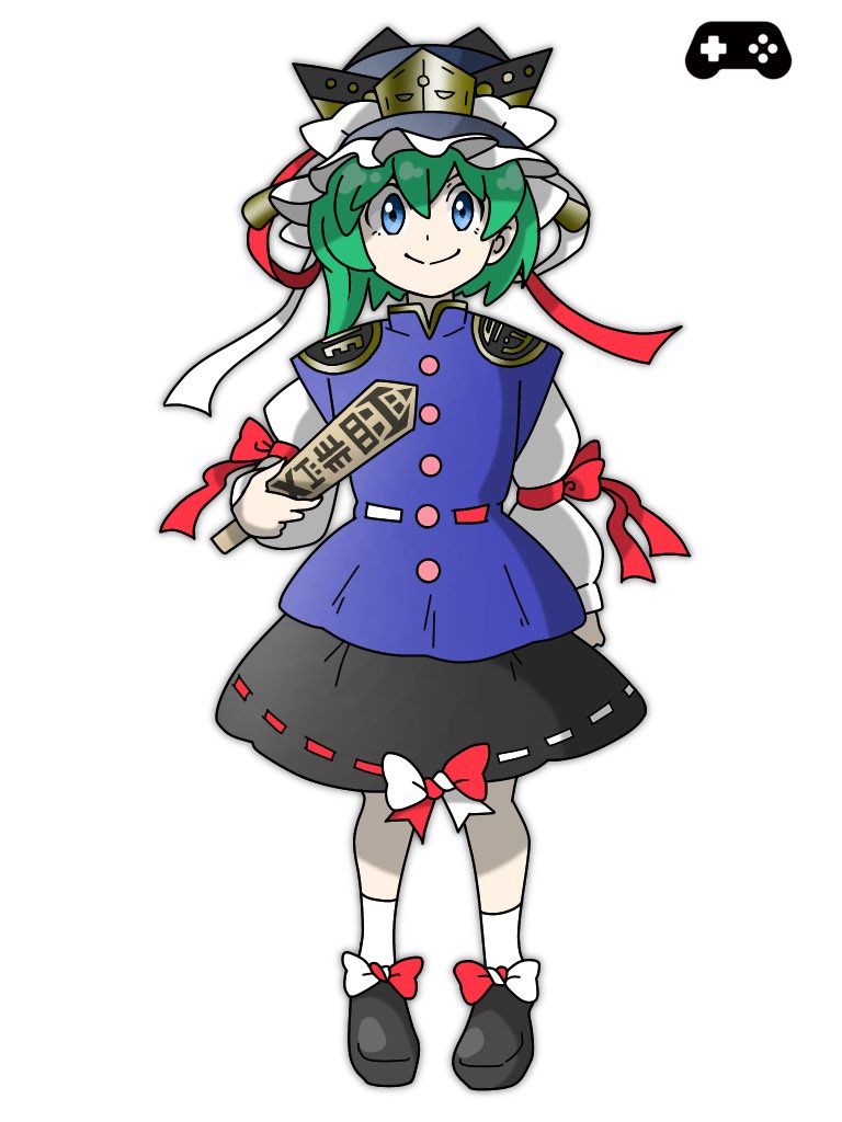 1girl, asymmetrical_hair, black_headwear, black_skirt, blue_eyes, blue_vest, bow, closed_mouth