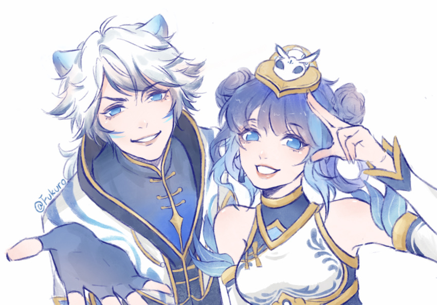 1boy, 1girl, animal_ears, animification, black_dress, black_shirt, blue_hair, china_dress