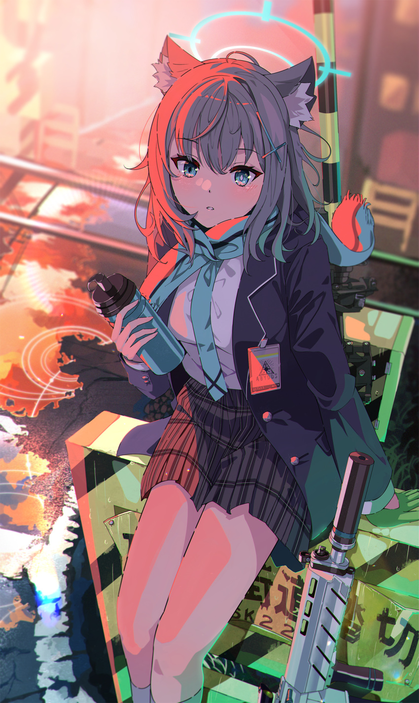 1girl, animal_ear_fluff, animal_ears, aqua_eyes, aqua_scarf, blue_archive, blue_jacket, commentary