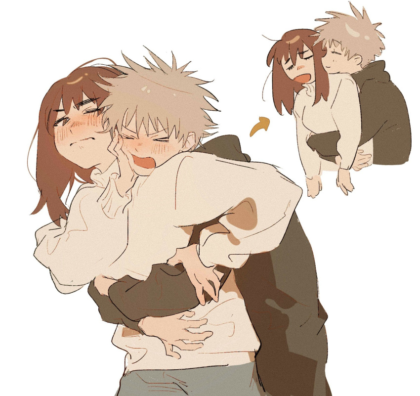 >_<, 1boy, 1girl, annoyed, arrow_(symbol), black_hoodie, black_pants, breasts, brown_eyes, brown_hair, brown_sweater, frown, grey_hair, hand_on_another's_arm, highres, hood, hood_down, hoodie, hug, kiruko_(tengoku_daimakyou), maru_(tengoku_daimakyou), medium_breasts, medium_hair, one_eye_closed, open_mouth, pants, short_hair, smile, sweater, tengoku_daimakyou, v-shaped_eyebrows, white_background, yu1619khz