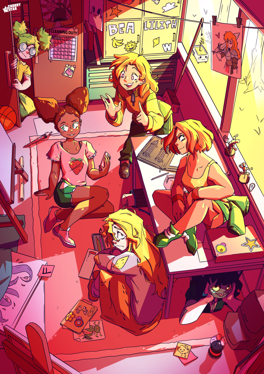 6+girls, absurdres, artist_name, ball, banana, basketball_(object), blonde_hair, book