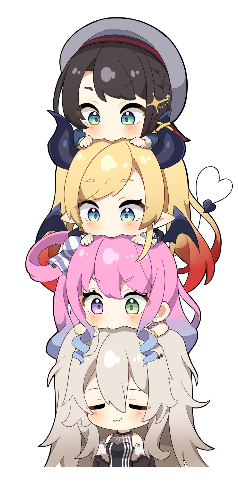 4girls, aqua_eyes, beret, black_hair, blonde_hair, blue_hair, blush, bracelet, chibi, closed_eyes, closed_mouth, demon_girl, demon_horns, demon_wings, eyelashes, fur_trim, green_eyes, grey_hair, grey_headwear, hair_ornament, hat, highres, himemori_luna, himemori_luna_(1st_costume), hololive, horn_ornament, horns, jewelry, kiwipodo78, long_hair, long_sleeves, medium_hair, multiple_girls, official_alternate_costume, one_side_up, oozora_subaru, oozora_subaru_(2nd_costume), parted_bangs, pink_hair, pointy_ears, shishiro_botan, shishiro_botan_(1st_costume), sidelocks, simple_background, swept_bangs, upper_body, violet_eyes, virtual_youtuber, wings, yuzuki_choco, yuzuki_choco_(1st_costume)