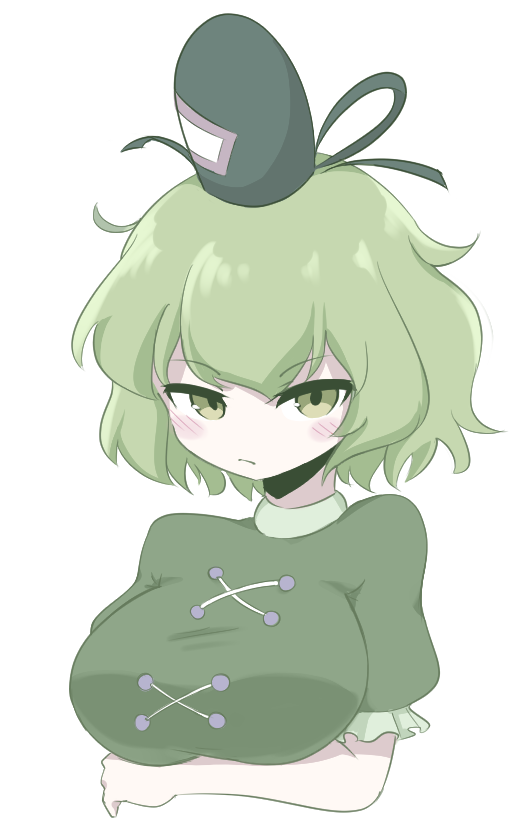 1girl, :/, breasts, commentary, dress, english_commentary, green_dress, green_eyes
