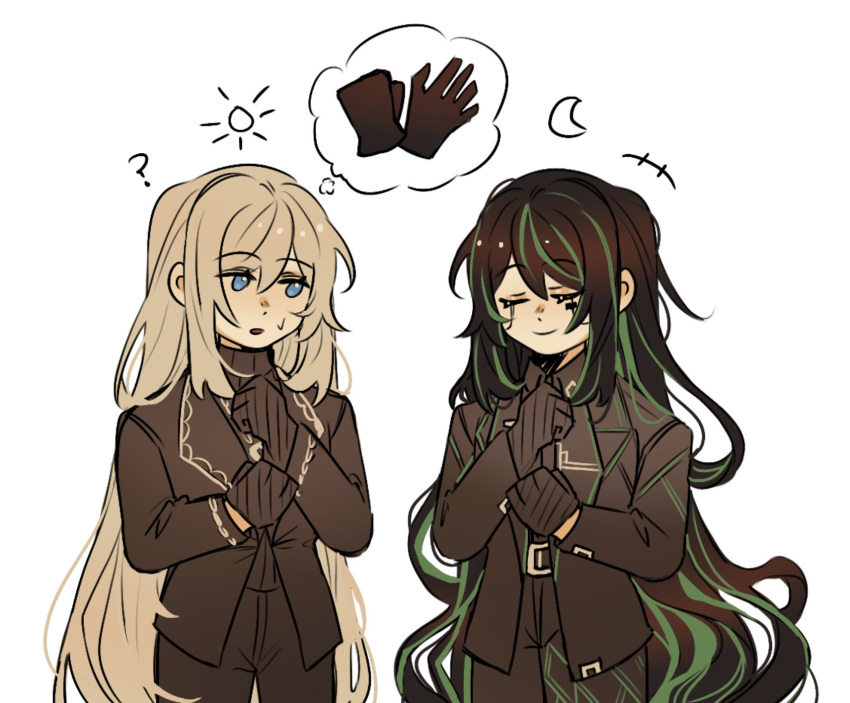 1girl, ?, adjusting_clothes, adjusting_gloves, alfonso_(limbus_company), angelica_(library_of_ruina), black_gloves, black_hair