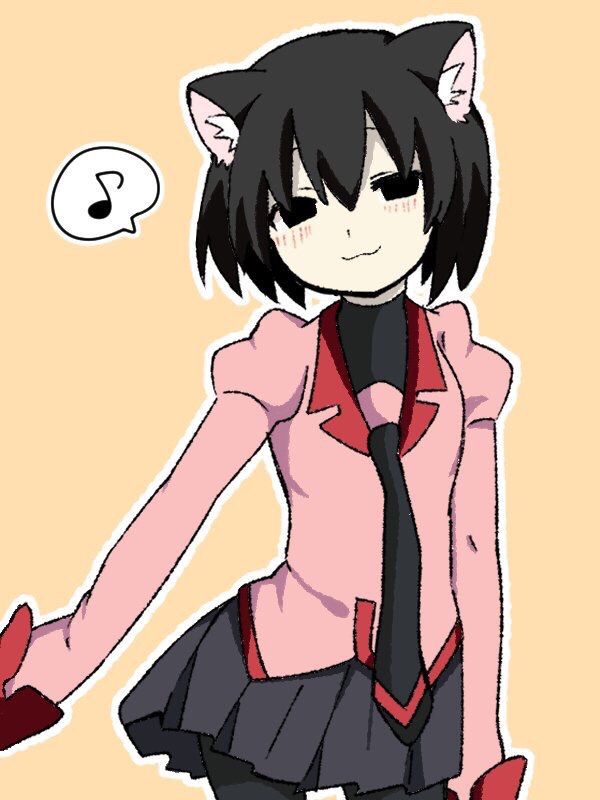 1girl, :3, animal_ear_fluff, animal_ears, arm_at_side, bad_id, bad_pixiv_id, black_eyes, black_hair, black_necktie, black_pantyhose, black_skirt, black_undershirt, blush, bob_cut, breasts, cat_ears, cat_girl, closed_mouth, commentary, cowboy_shot, empty_eyes, hair_between_eyes, head_tilt, kemonomimi_mode, light_smile, monogatari_(series), musical_note, naoetsu_high_school_uniform, necktie, orange_background, oshino_ougi, pantyhose, pink_shirt, pleated_skirt, puffy_sleeves, school_uniform, sensu_maru, shirt, short_hair, sketch, skirt, sleeves_past_fingers, sleeves_past_wrists, small_breasts, smile, solo, speech_bubble, spoken_musical_note, turtleneck, very_long_sleeves