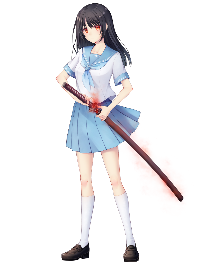 1girl, aura, black_footwear, black_hair, blue_neckerchief, blue_sailor_collar, blue_skirt, chain_paradox