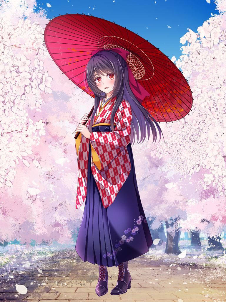 1girl, black_hair, blush, boots, chain_paradox, full_body, hakama, hakama_skirt