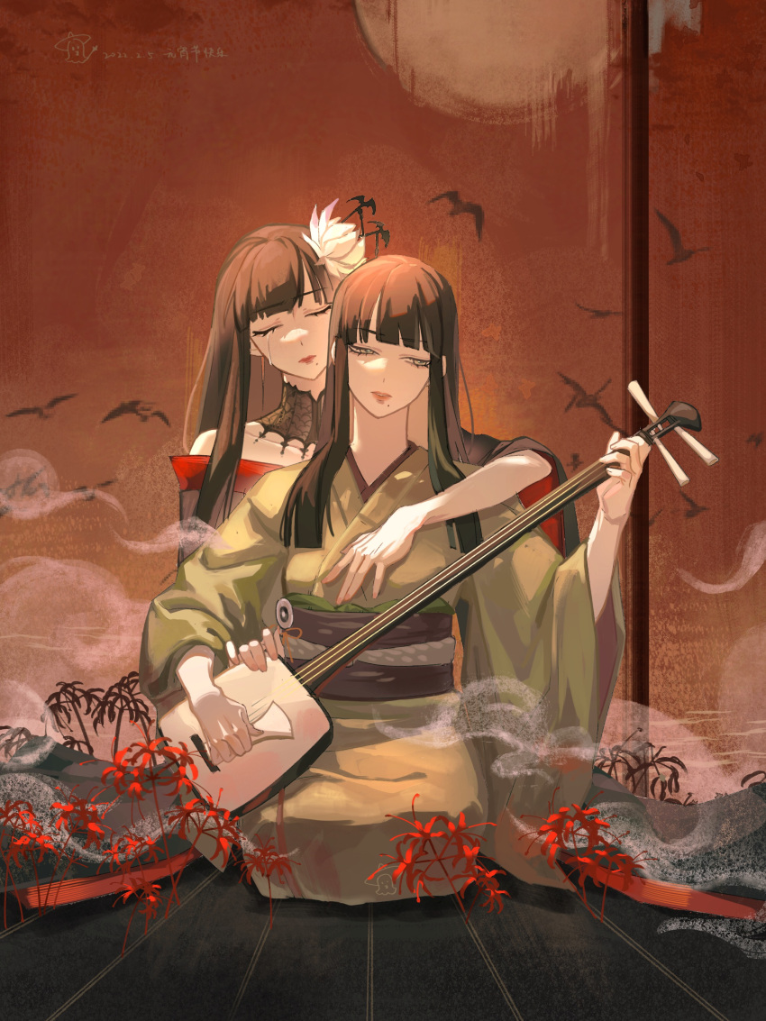 2girls, absurdres, arm_around_shoulder, bat_hair_ornament, black_collar, black_hair, blunt_bangs, blunt_ends, closed_eyes, collar, collarbone, dual_persona, epiphyllum, facing_viewer, final_fantasy, final_fantasy_xiv, flower, folding_screen, full_body, green_eyes, green_kimono, hair_flower, hair_ornament, hair_stick, half-closed_eyes, highres, holding, holding_instrument, hyur, indoors, instrument, japanese_clothes, kimono, koto_(instrument), lace_collar, long_hair, mole, mole_under_mouth, multiple_girls, music, obi, obiage, obijime, off_shoulder, on_floor, parted_lips, playing_instrument, red_flower, sash, seiza, sitting, smoke, spider_lily, straight_hair, tears, wide_sleeves, yemao_zhangyu, yotsuyu_goe_brutus