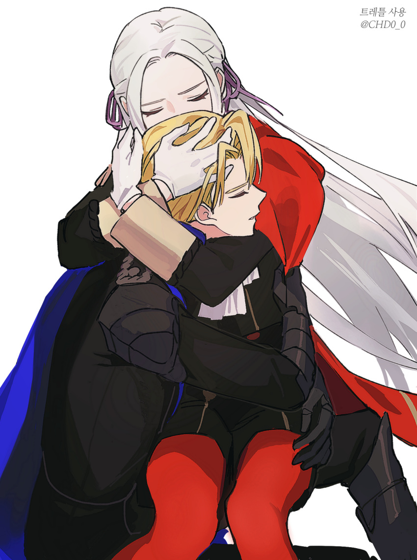 1boy, 1girl, black_jacket, black_shorts, blonde_hair, blue_cape, cape, closed_eyes