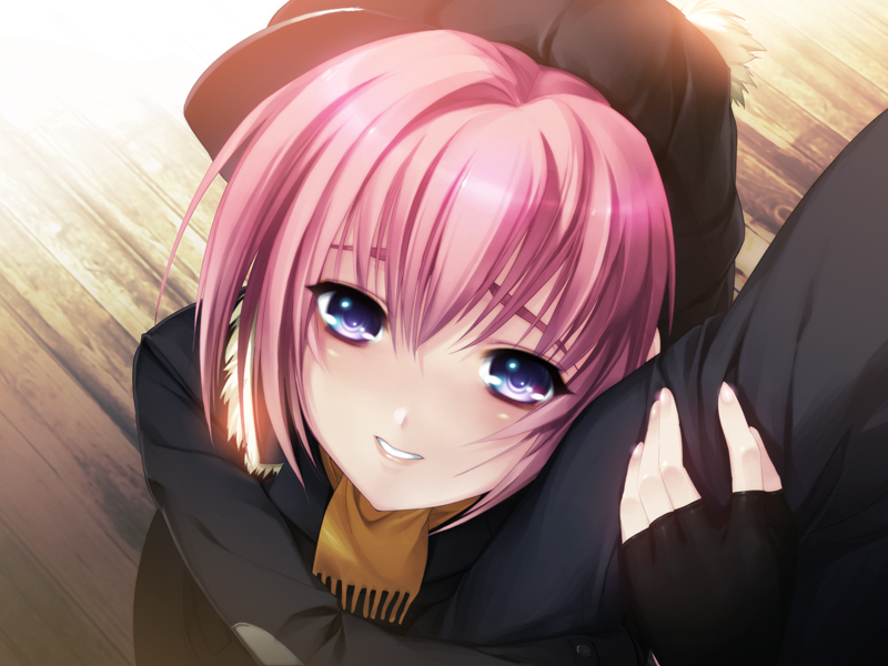 1boy, 1girl, arm_grab, black_gloves, black_headwear, blue_eyes, fingerless_gloves, from_above, game_cg, gekkou_no_carnevale, gloves, hair_between_eyes, indoors, looking_at_viewer, noel_(gekkou_no_carnevale), oosaki_shin'ya, parted_lips, pink_hair, pov, scarf, short_hair, wooden_floor, yellow_scarf