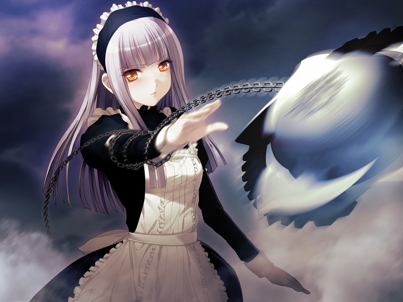 1girl, apron, ball_and_chain_(weapon), black_headdress, black_shirt, black_skirt, blunt_bangs, chain