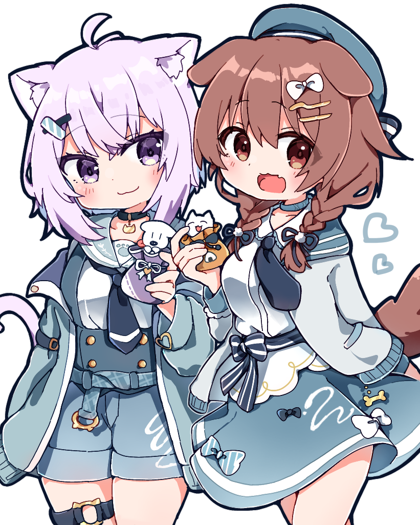 2girls, :3, ahoge, animal_ear_fluff, animal_ears, beret, black_choker, black_jacket, blue_shorts, blush, bra, brown_hair, cat_ears, cat_girl, cat_o-ring, cat_tail, chibi, choker, closed_mouth, commentary, dog_ears, dog_tail, dragon_girl, fang, hat, hololive, hoso-inu, inugami_korone, jacket, lace-trimmed_bra, lace_trim, long_sleeves, looking_at_another, looking_at_viewer, low_twintails, multiple_girls, nekomata_okayu, o-ring, o-ring_thigh_strap, official_alternate_costume, open_mouth, purple_hair, rabiiandrain, short_hair, shorts, sideways_glance, skin_fang, smile, tail, thigh_strap, twintails, underwear, virtual_youtuber