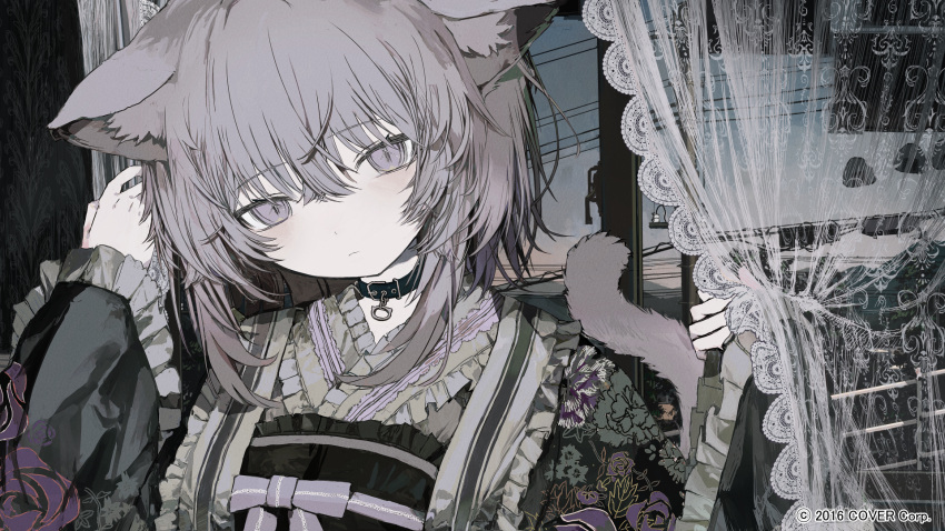 1girl, animal_ears, black_collar, black_kimono, blush, cat_ears, cat_girl, cat_tail