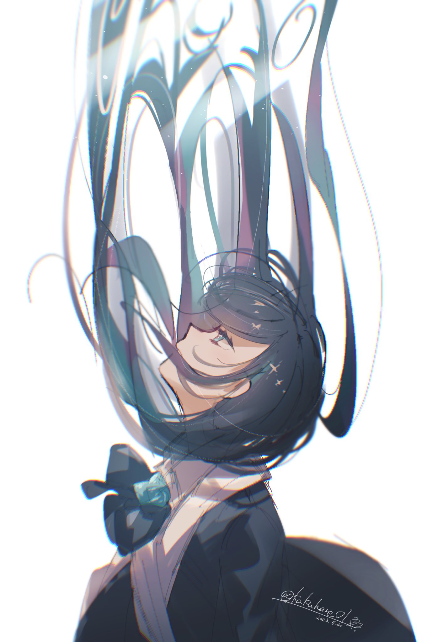 1girl, ado_(singer), black_hair, blue_bow, blue_bowtie, blue_eyes, blue_flower, blue_jacket