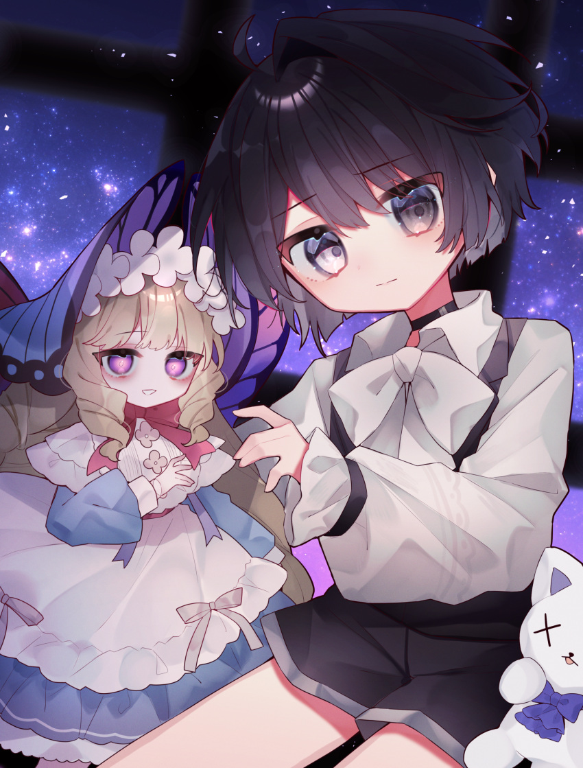 1boy, 1girl, :d, :|, absurdres, black_choker, black_eyes, black_hair