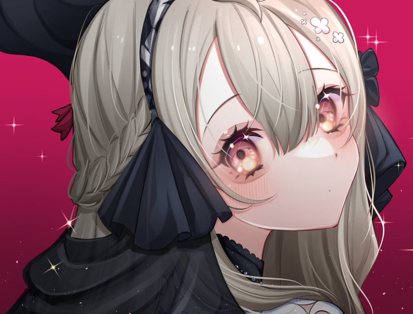 1girl, bags_under_eyes, black_bow, blonde_hair, bow, brown_eyes, commentary, hair_between_eyes